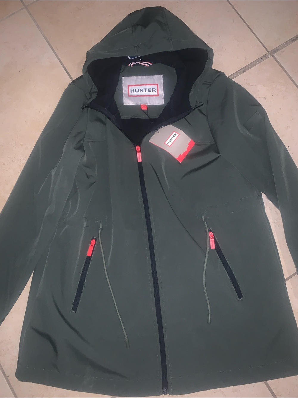 Hunter Olive Green Hooded Softshell Jacket with Coral Zipper Accents